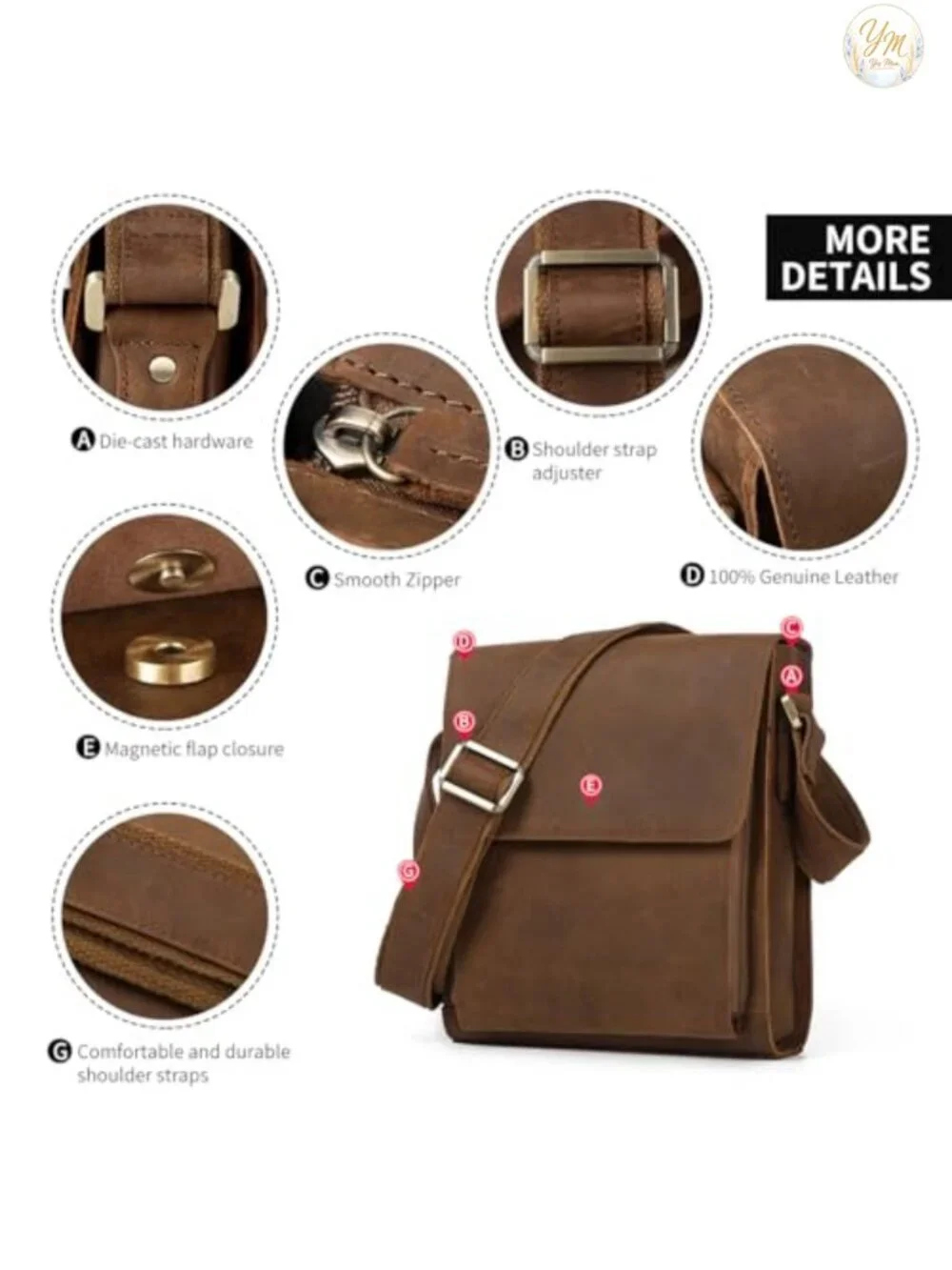 Mens Leather Crossbody Messenger Bag Work Travel Casual